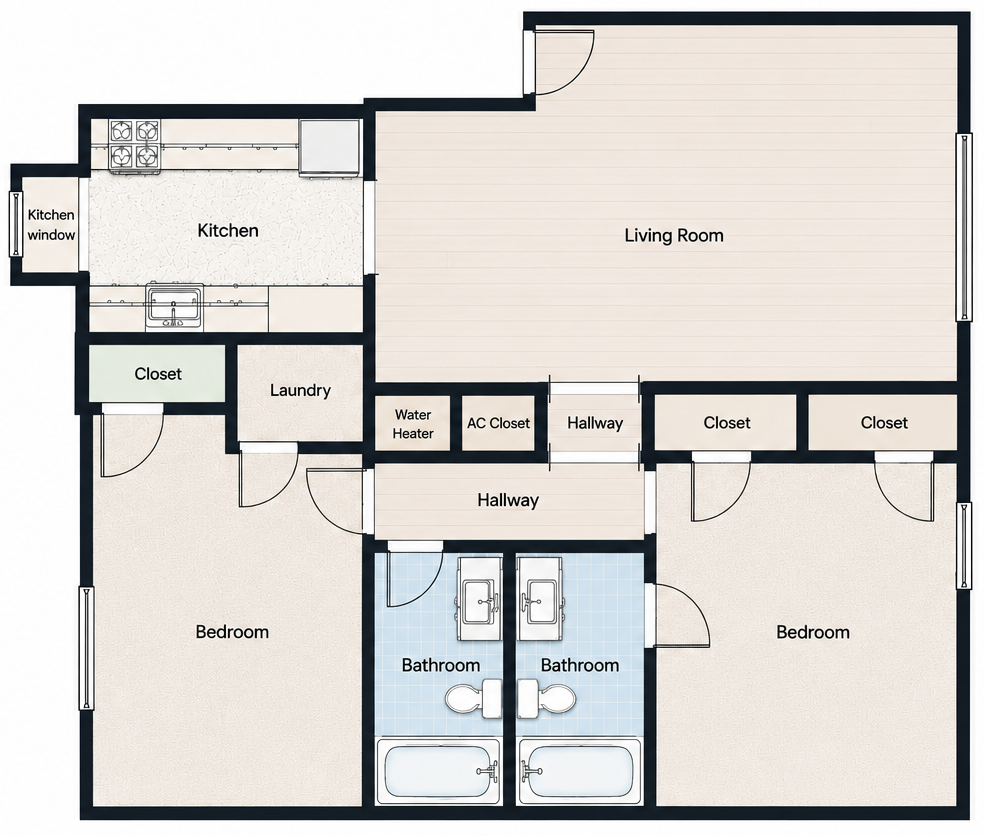 Apartment floor plan with kitchen, living room, two bedrooms, bathroom, closets, laundry, and hallway