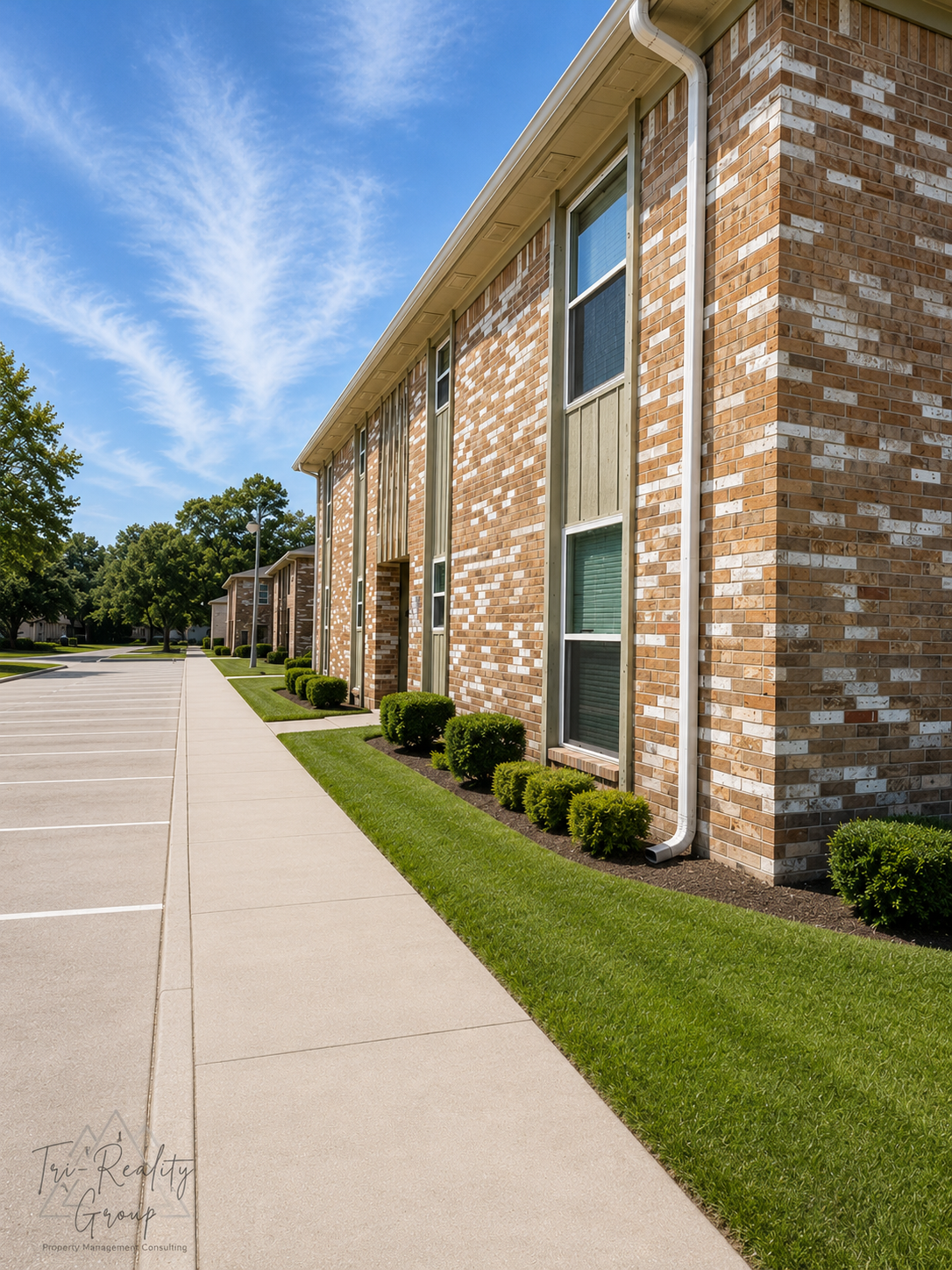 Apartment building exterior with brick facade, sidewalk, and parking lot under a blue sky