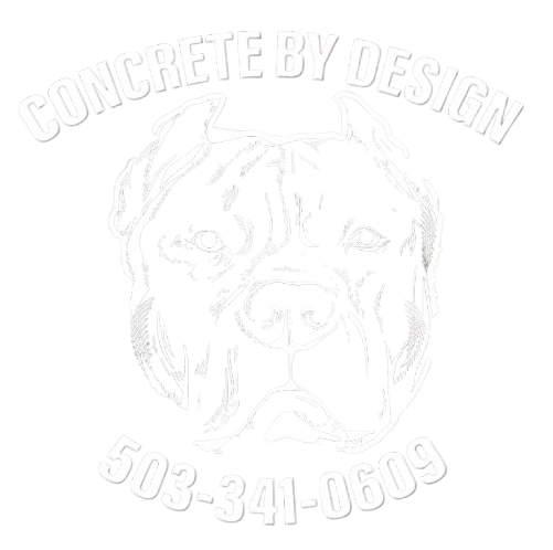 Logo for Concrete By Design featuring a line-art pit bull head, the business name, and phone number 503-341-0609 in white.
