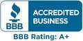 A blue and white sign that says `` accredited business bbb rating : a + ''.