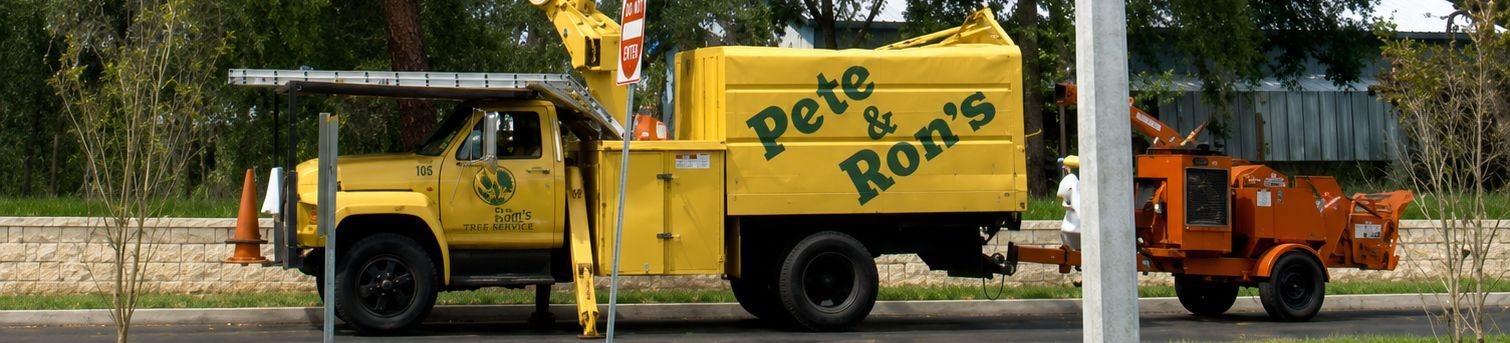 Yellow Pete Ross truck parked beside an orange utility vehicle on a roadside.