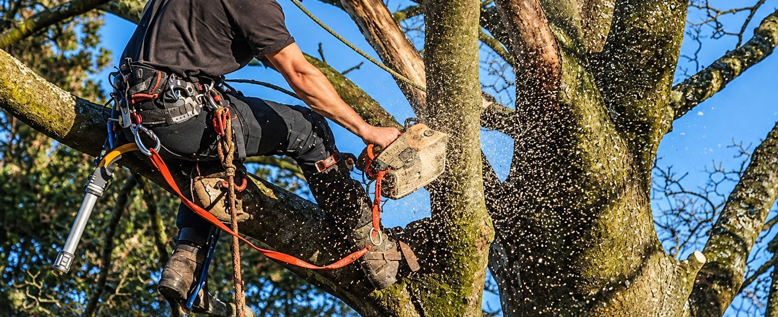 Tree climber in a harness working among branches against a blue sky