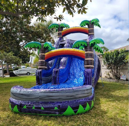 Rainbow inflatable water slide with palm trees and blue water in a grassy yard