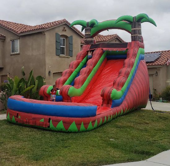 Large colorful inflatable water slide with palm trees on a lawn beside a house