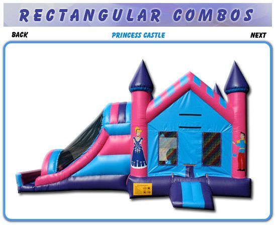 Pink and blue rectangular combo bounce house with slide and turret roofs