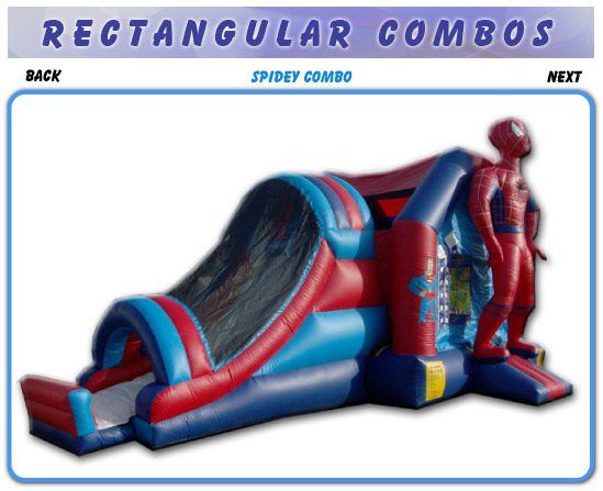 Spider-Man-themed red and blue inflatable combo with slide and climbing entrance