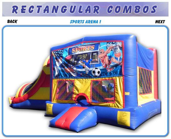 Rectangular combo inflatable bounce house with slide, red, blue, and yellow sports-themed panels