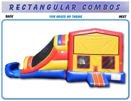 Colorful rectangular bounce house with slide and entrance ramp, labeled “Rectangular Combos” on a white background