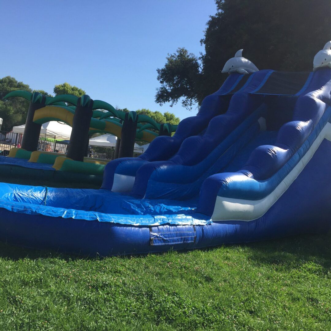 Blue inflatable water slide on a sunny grassy lawn, with trees and an archway in the background