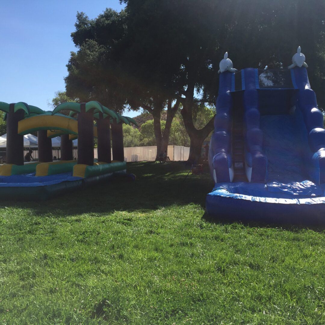 Inflatable bounce house and blue slide in a sunny grassy park under trees