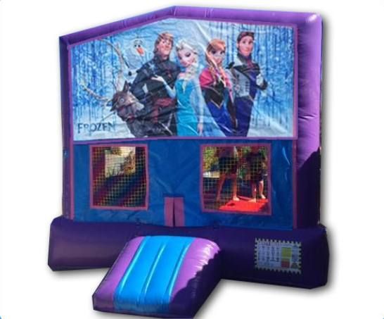 Frozen-themed purple inflatable bounce house with front entrance ramp and character graphics