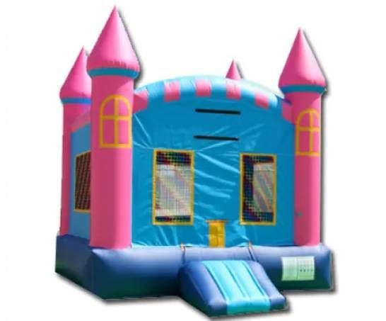 Pink and blue inflatable castle bounce house with turrets and a small front ramp