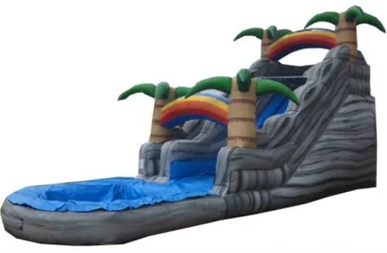 Inflatable rainbow palm tree water slide with blue pool at the bottom
