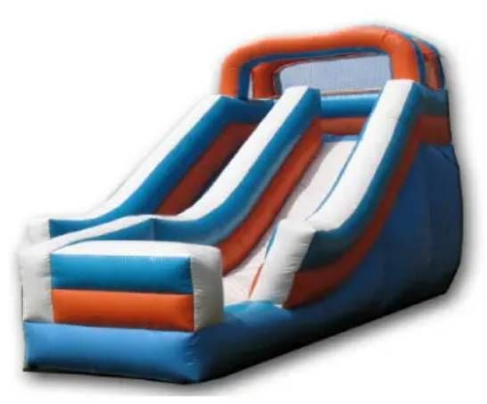 Blue, white, and red inflatable slide with a top handle and two lanes on a white background