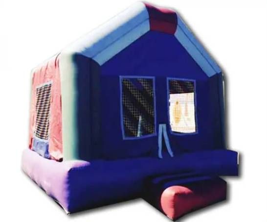 Blue inflatable bounce house with red trim and mesh windows on a white background