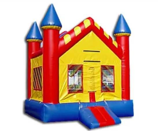 Colorful red, yellow, and blue inflatable bounce house with a small front ramp and pointed towers