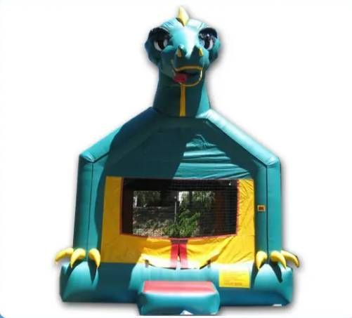 Blue inflatable dinosaur bounce house with front entrance and mesh window.