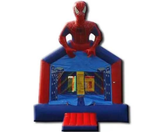 Spider-Man inflatable bounce house with blue and red exterior and small entrance ramp