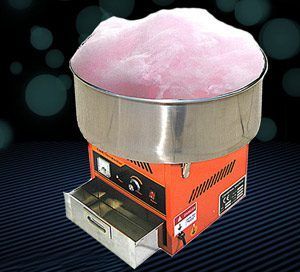 Orange cotton candy machine with a large metal bowl of pink cotton candy