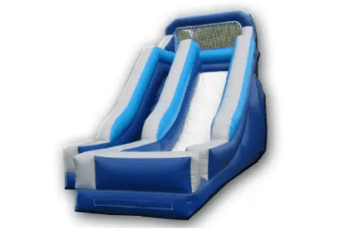 Blue-and-white inflatable slide with two lanes and a raised top platform
