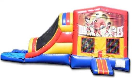 Colorful red, yellow and blue inflatable bounce house with slide and climbing entrance