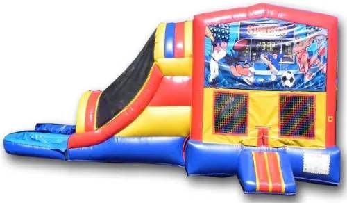 Colorful inflatable bounce house with slide and basketball hoop in blue, red, yellow, and black