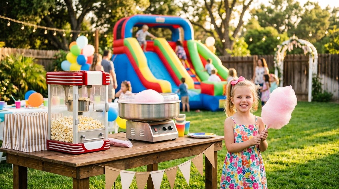 Inflatable bouncy castle in a grassy yard, with two white plastic chairs in the foreground.