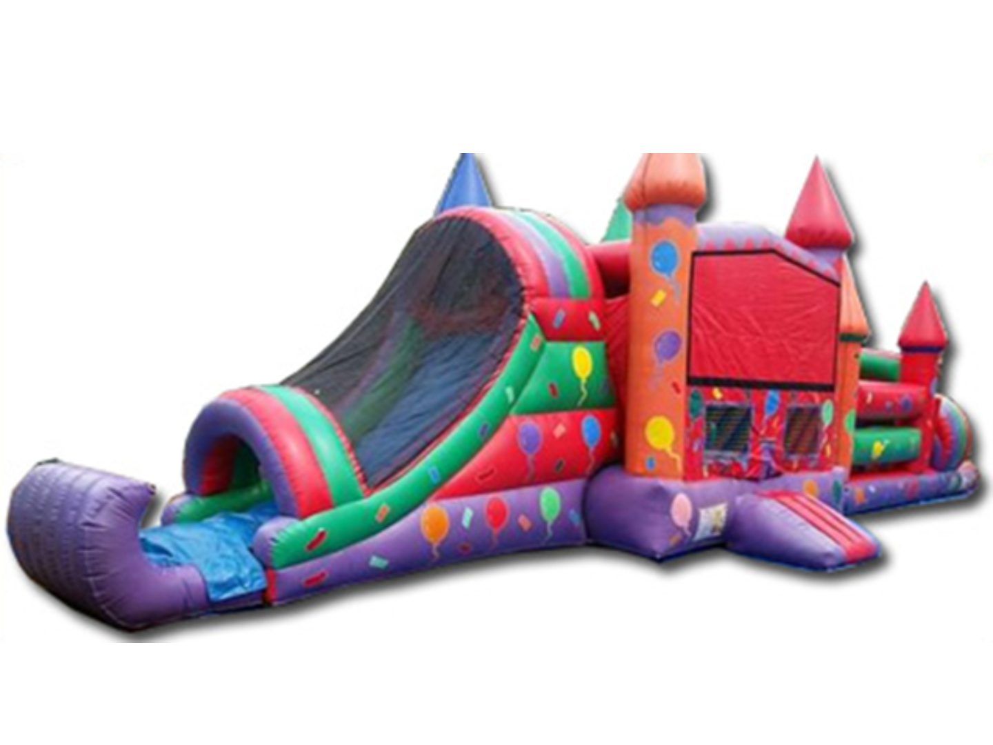 Colorful inflatable obstacle course with slide, tunnel, and castle towers