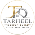 Gold and gray TARHEEL Design Build logo with stylized TD initials and circular border