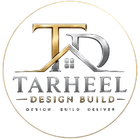 Gold and gray TARHEEL Design Build logo with stylized TD initials and circular border