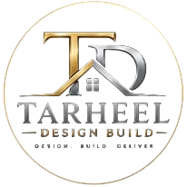 Gold and gray TARHEEL Design Build logo with stylized TD initials and circular border