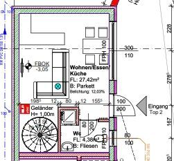 Beschrifteter Grundriss einer kleinen Wohnungsküche mit Eingangsbereich, Raumbezeichnungen, Maßen und einer Wendeltreppe.