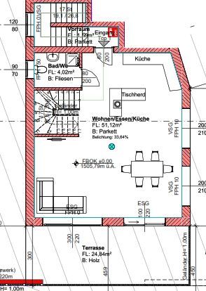 Grundriss der Wohnung mit Küche, Wohnzimmer, Bad/WC und Terrasse, beschriftet in deutscher Sprache.