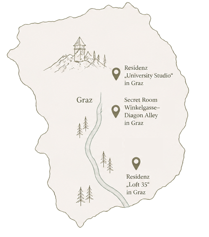 Karte von Graz mit drei markierten Orten: Bendler University Studio, Secret Room und Reiner Loft 35.