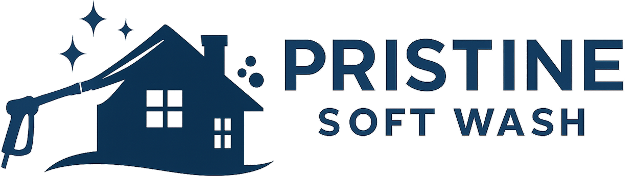 Logo of a house being pressure washed with "PRISTINE SOFT WASH" text.