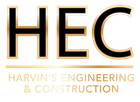 HEC logo for Harvin&rsquo;s Engineering & Construction in gold and black text