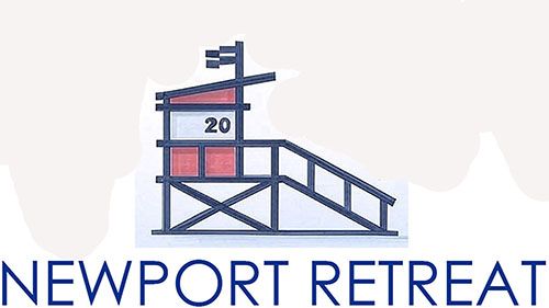 Newport Retreat logo with a blue and red lifeguard tower illustration on a white background
