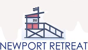 Newport Retreat logo with a blue and red lifeguard tower illustration on a white background