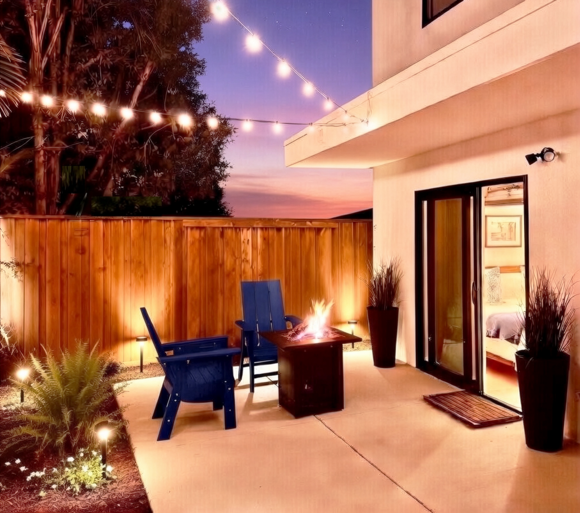 Bright living room with gray sofa, wall-mounted TV, wooden console, plants, and sliding glass doors to a patio