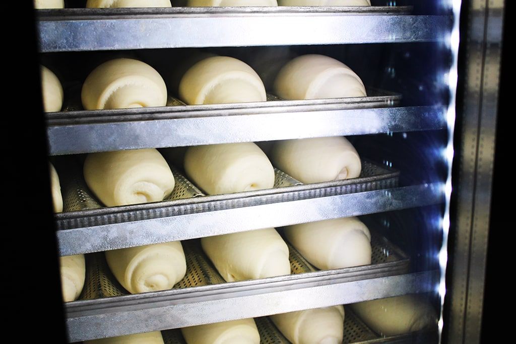 Um monte de pãezinhos estão em uma câmara de fermentação crescendo.