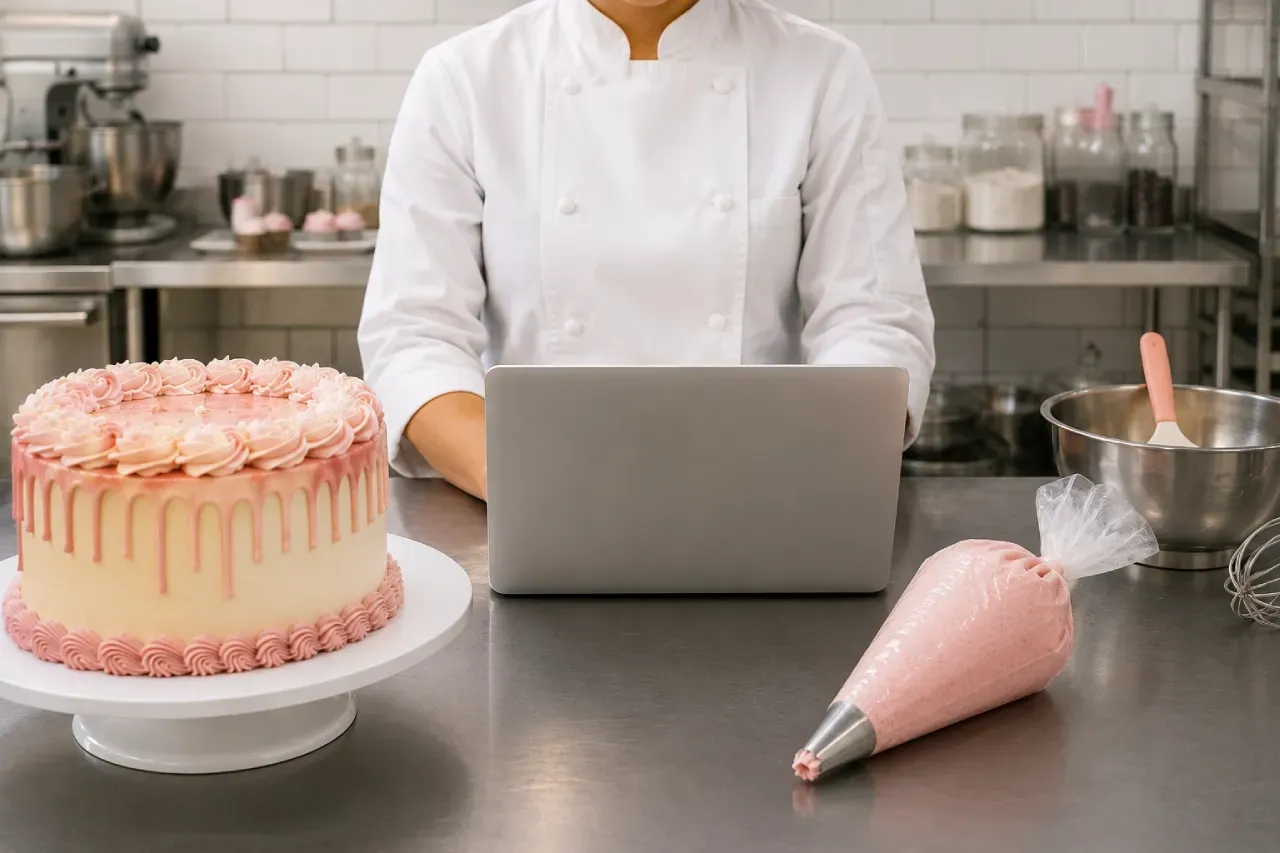 Empreendedora de confeitaria utilizando notebook para gestão do negócio ao lado de bolo decorado em cozinha profissional.