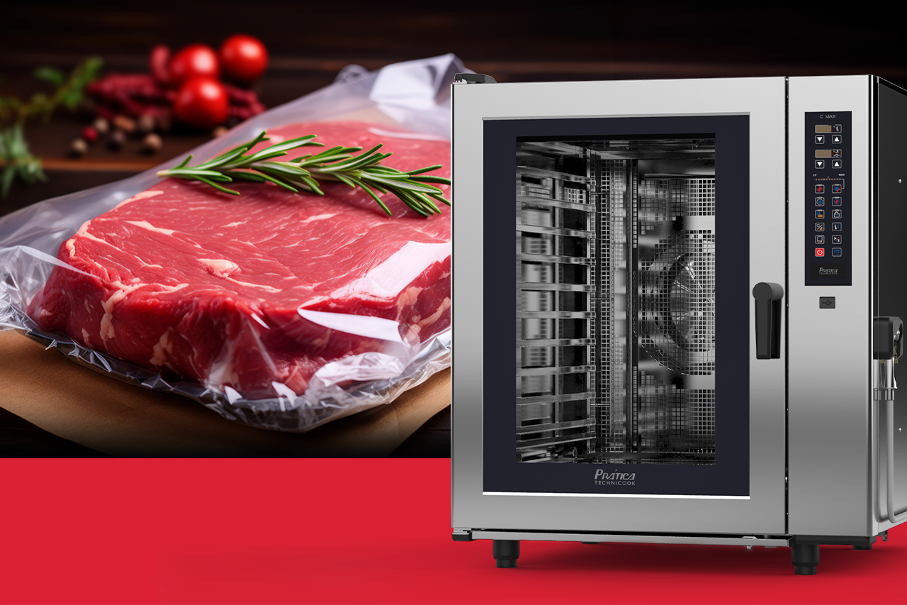 Um pedaço de carne embrulhado em plástico ao lado de um forno de convecção.