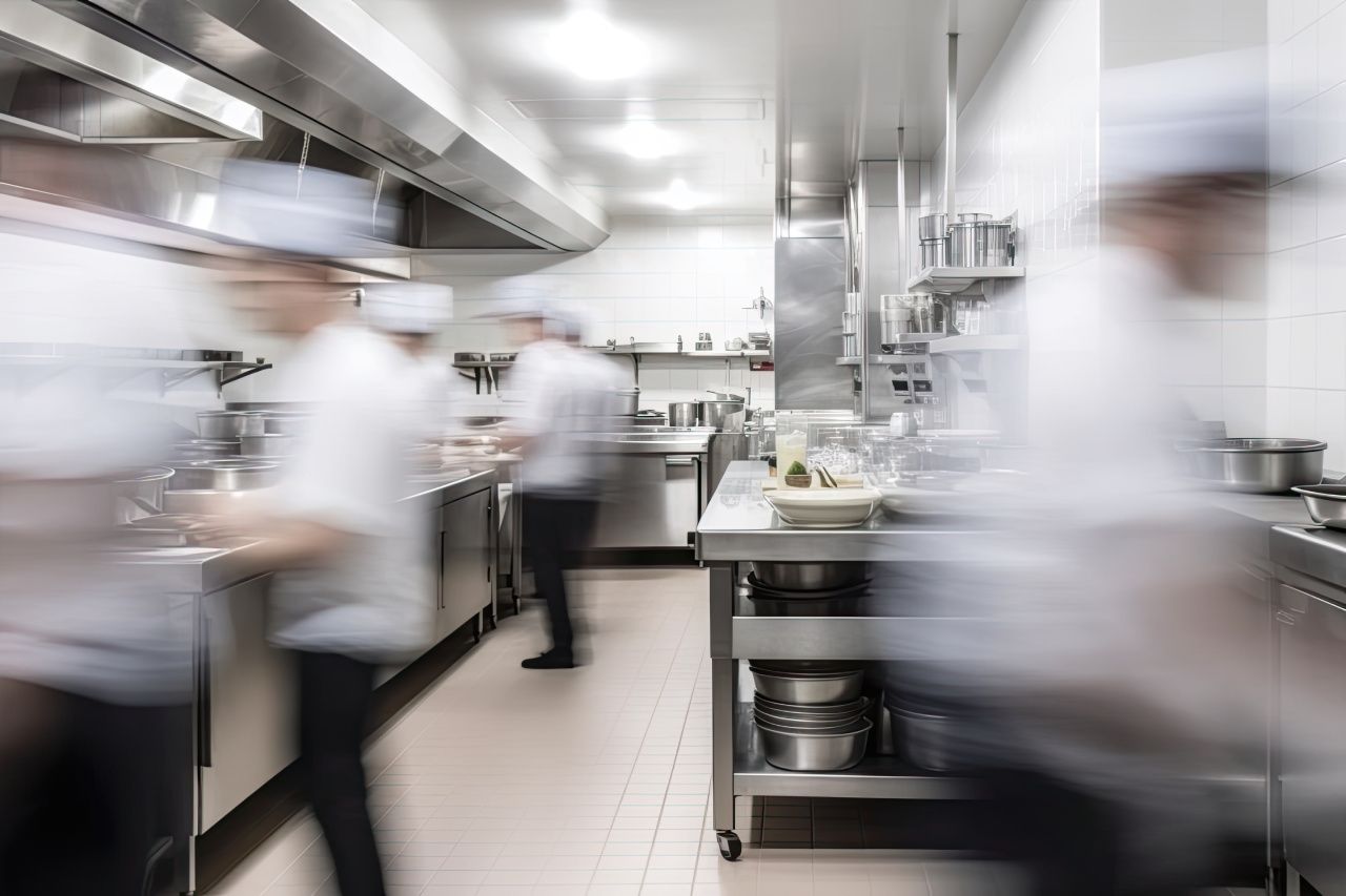 Uma imagem borrada de uma cozinha com chefs preparando comida.