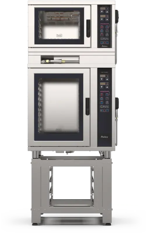 Um forno de aço inoxidável está sobre um suporte de metal.