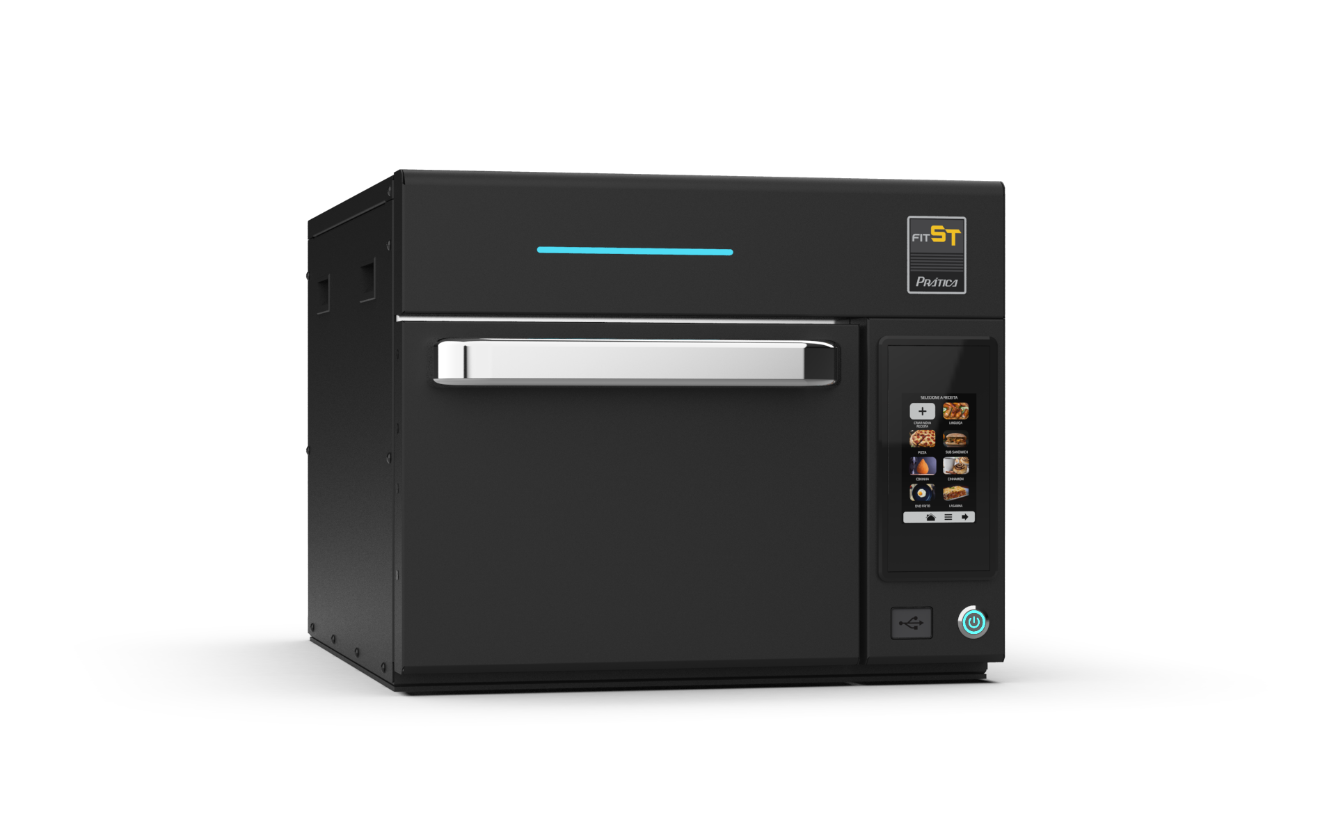Um forno de micro-ondas preto com uma alça em um fundo branco.