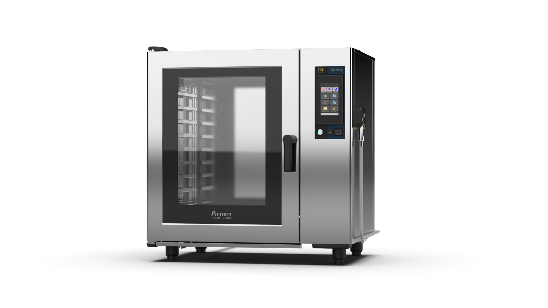 Um forno de aço inoxidável está sobre uma superfície branca.