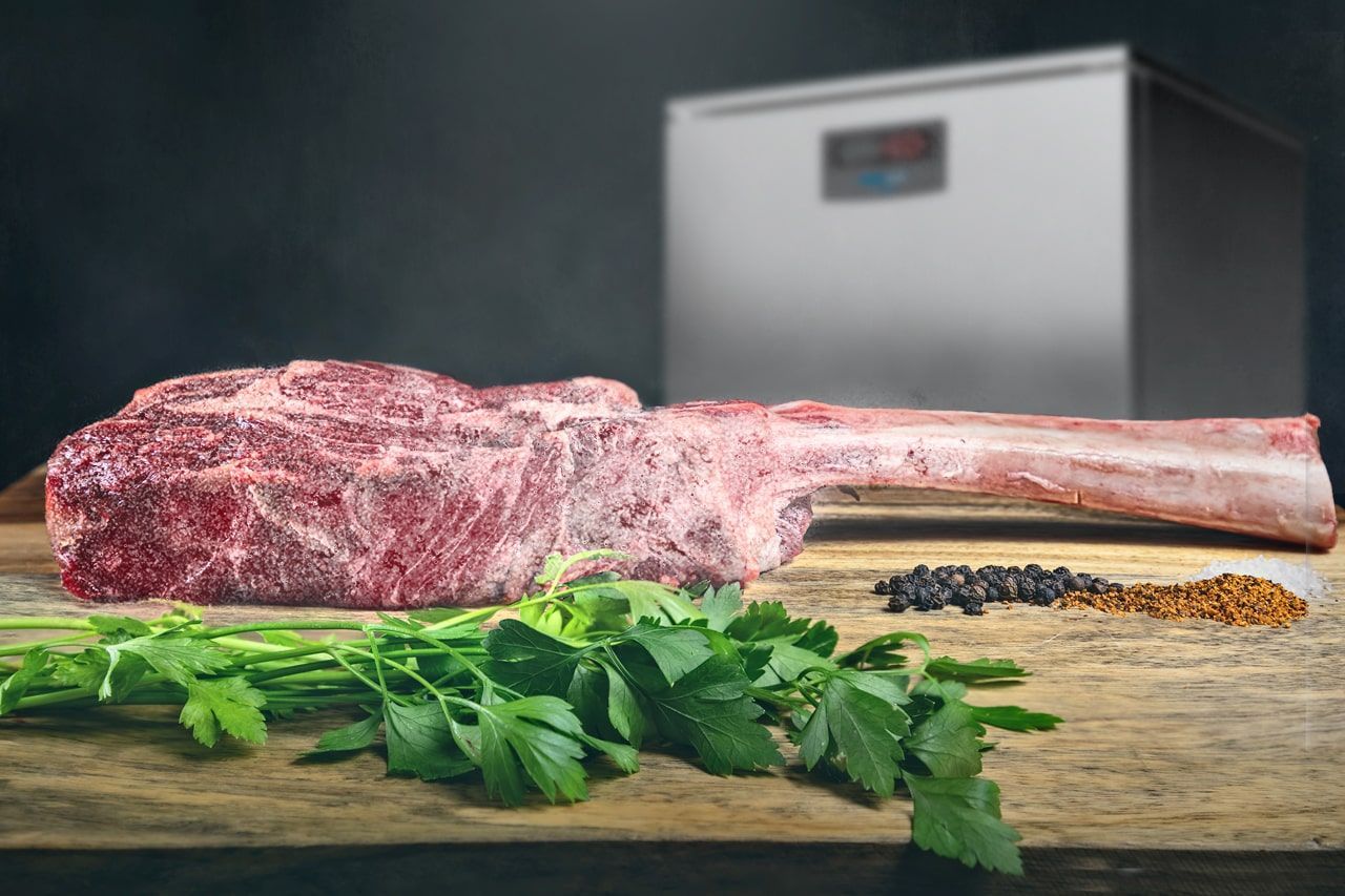 Um grande pedaço de carne está em cima de uma tábua de corte de madeira.