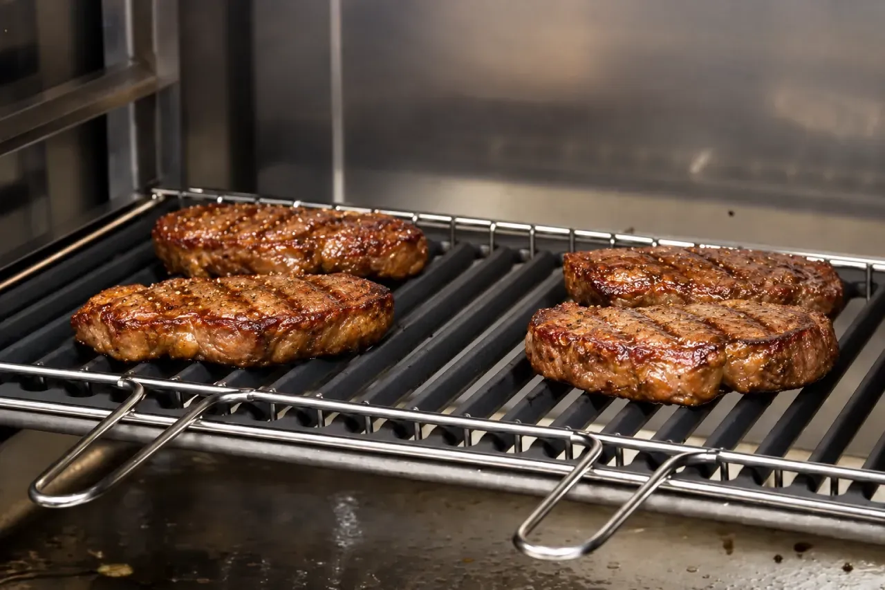 Três pedaços de carne estão cozinhando na grelha