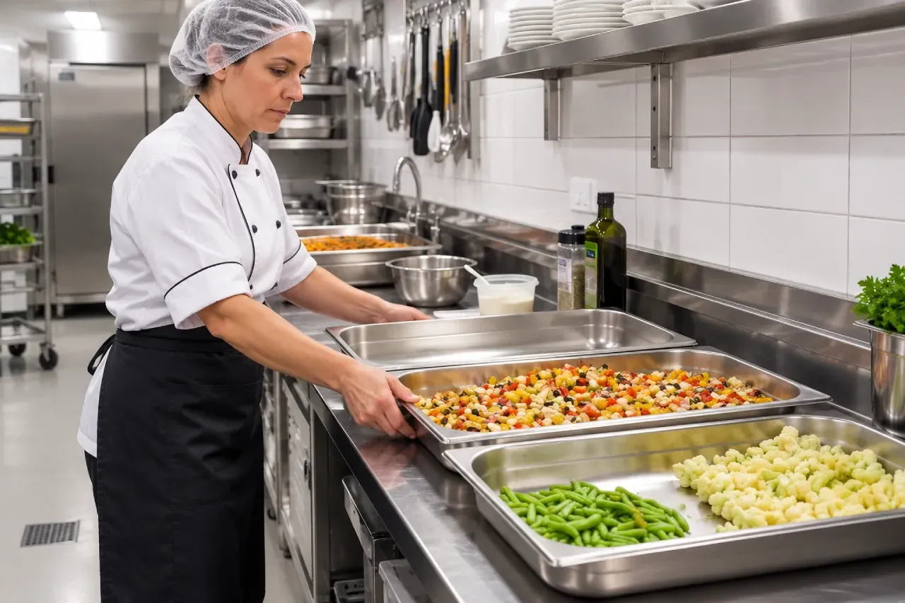 Um homem com chapéu de chef está preparando comida em uma cozinha