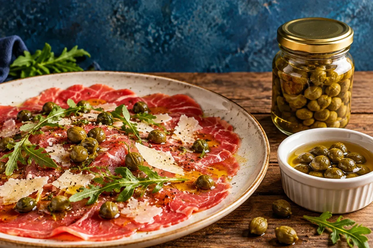 Carpaccio com azeite e alcaparras, acompanhado de vidro de conserva e ramequim com alcaparras sobre mesa de madeira.
